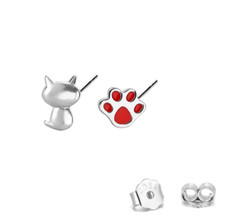 Asymmetrical Cat  Paw Print Stud 925 Sterling Silver Push Back Earrings B41