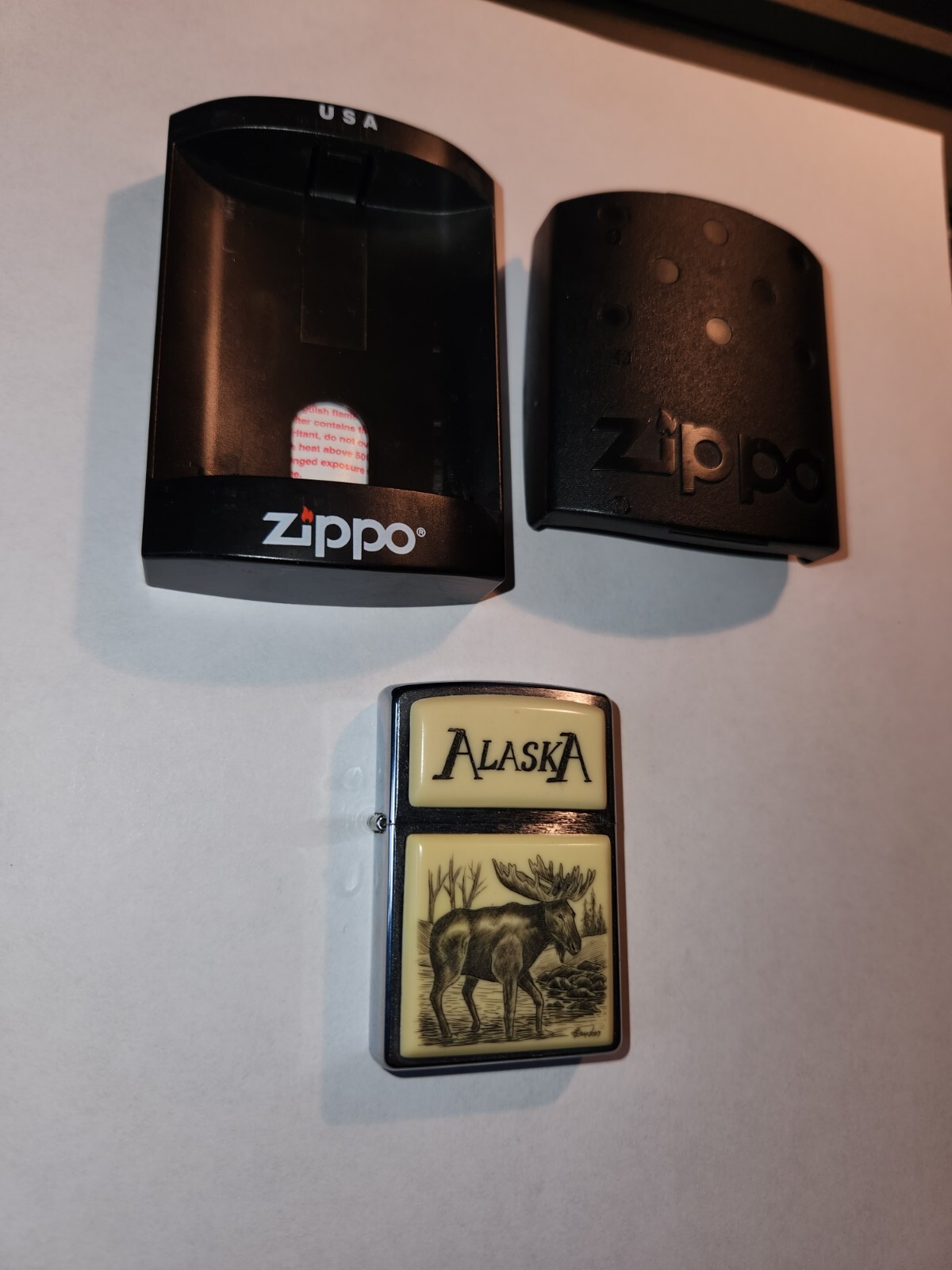 ZIPPO ALASKA MOOSE SCRIMSHAW LIGHTER Original & Perfect Condition eBay