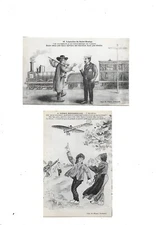 2 postcards old postcard Morvan in front of a train or an airplane humor