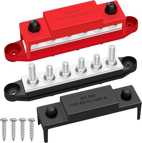250A 12V Bus Bar Marine, 1/4" Power Distribution Block, Battery Black, Red