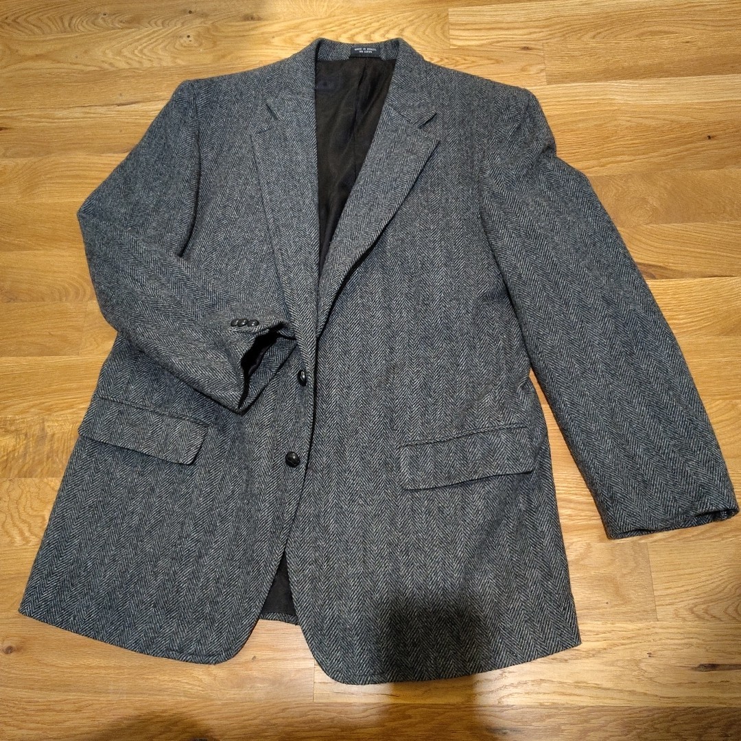 VTG Tweed Jacket 46L Gray Herringbone 100% Wool towncraft Blazer Sport Coat