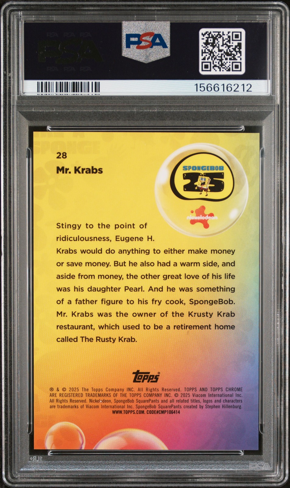2025 TOPPS CHROME SPONGEBOB 25TH ANNIVERSARY NIGHTSHIFT VARIANT MR. KRABS PSA 10 view 2