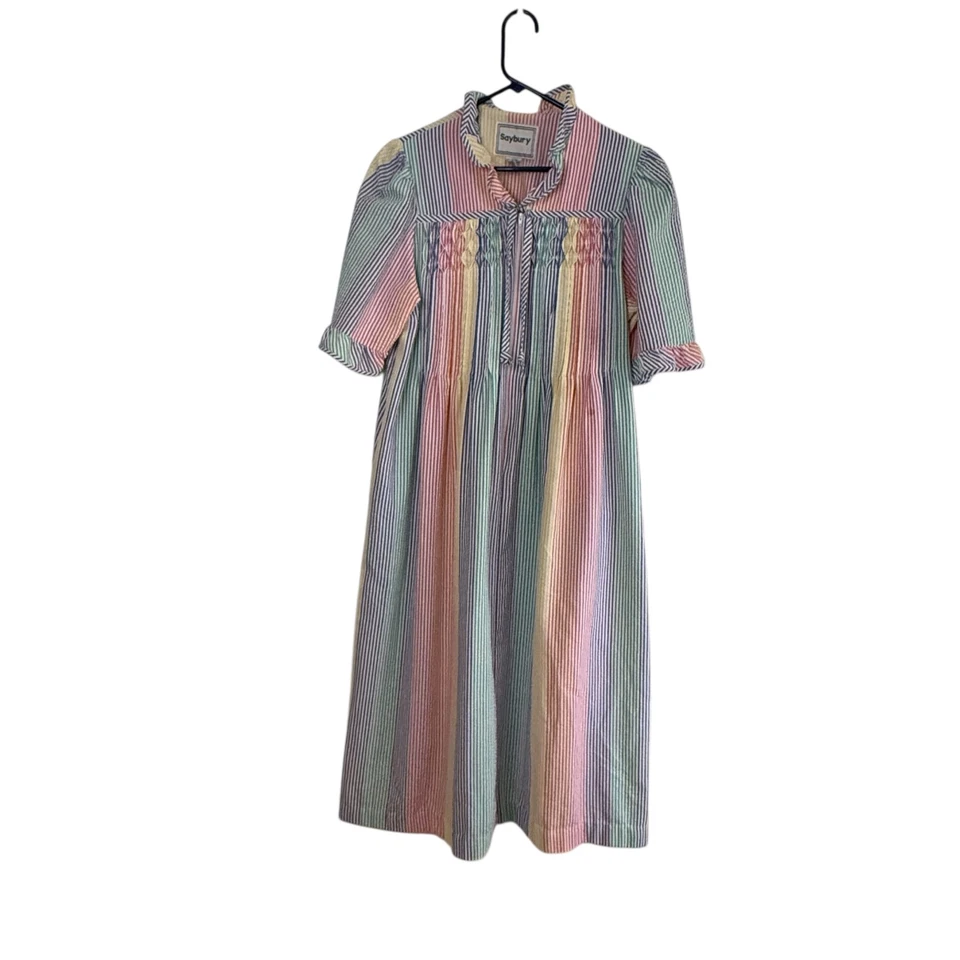 Saybury Nightgown Housecoat Robe Size 8 Rainbow Striped Seersucker 1/2 Zip Vtg - Image 4 of 4