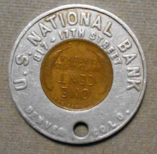 Denver, Colo., U.S. National Bank, 817 – 17th Street. Encased 1952D 1c, 35mm, hf