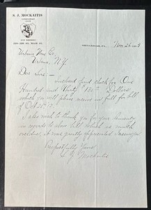 SHENANDOAH, PA ~ S. J. MOCKAITIS, Lithuanian Club Rye Whiskey ~ Letterhead 1913
