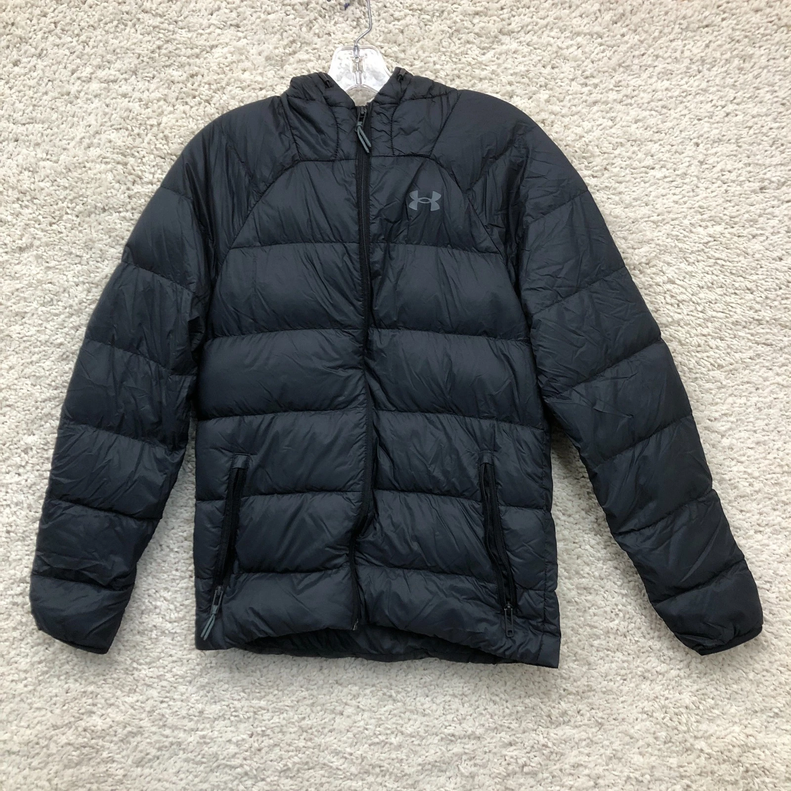 Under Armour Puffer Jacket Small Men Black Duck Down Insulated Hooded Storm 2.0