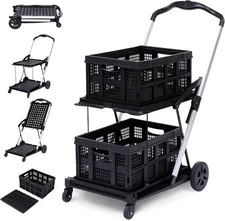 Collapsible Utility Cart with 360° Wheels, 2-Tier Folding Organizer Black