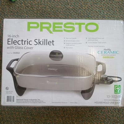 Presto 16'' Ceramic Electric Skillet with Glass Cover, Silver 06860 NEW