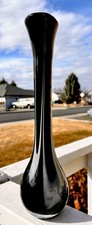 Hand Blown Art Glass Long Neck Black White Swirl Cased Vase Approx 13.5  H
