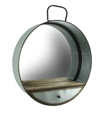 Zeckos Rustic Galvanized Metal Tub Frame Round Wall Mirror with Drawer