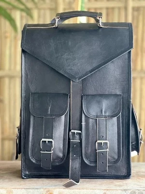 Sac à dos en cuir de chèvre vintage véritable messager noir - Photo 1/4