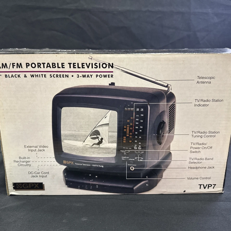 Mini TV GPX TVP7 AM/FM Portable Television Black & White 5” 3-Way Power NIB - Image 4 of 4
