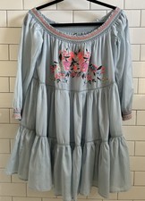 Free People Sunbeam A Line Hippie Boho Off Shoulder Embroidered Tiered Dress S