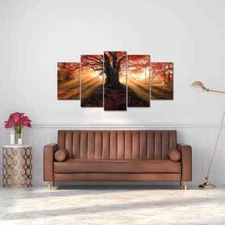 Autumn Forest Tree Nature Outdoor Sunset Sunrise 5 Piece Panel Canvas Wall Art