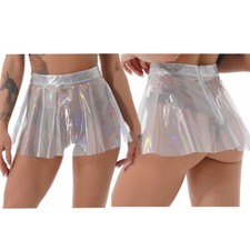 Women See Through A-Line Mini Skirt Glossy Shiny High Rise Flared Skirt Clubwear