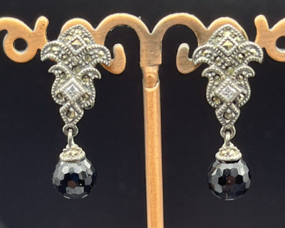 Judith Jack NWOT Sterling Silver  Marcasite Drop Earrings w/Faceted Black Onyx