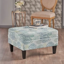 Classic Fabric Ottoman 28” Tufted Footrest Bench with Birch Wood Leg, Extra Seat