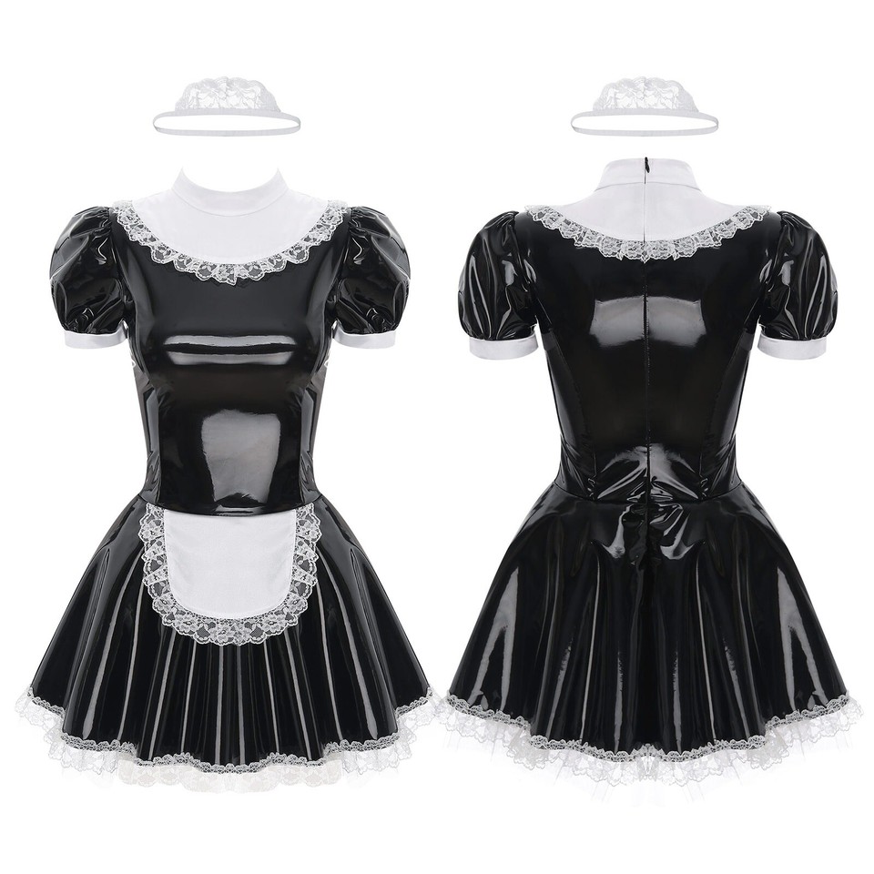 Womens Girls Maid Apron Dress PU Leather Halloween Cosplay Costume ...