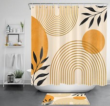Plant Leaf Mid Century Minimalist Beige Shower Curtain Set for Bathroom Decor