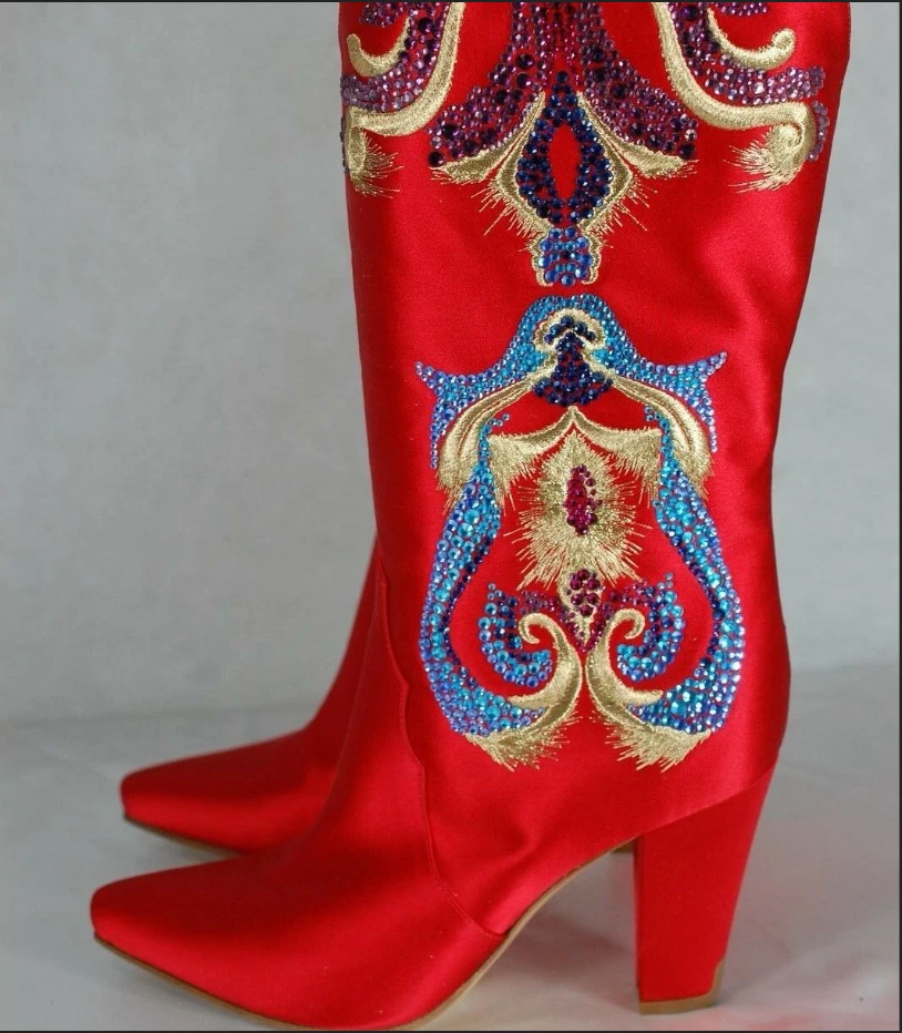 35 США 5❤️$1895 CASADEI КРАСНОЕ ЗОЛОТО СИНИЙ АТЛАСНАЯ КОЖА КРИСТАЛЛ КОЛЕНА КАБЛУКАХ БОТИНКИ - Изображение 2 из 4