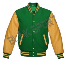 Letterman Baseball Varsity Bomber Green Wool Body & Gold Leather Sleeves jackets