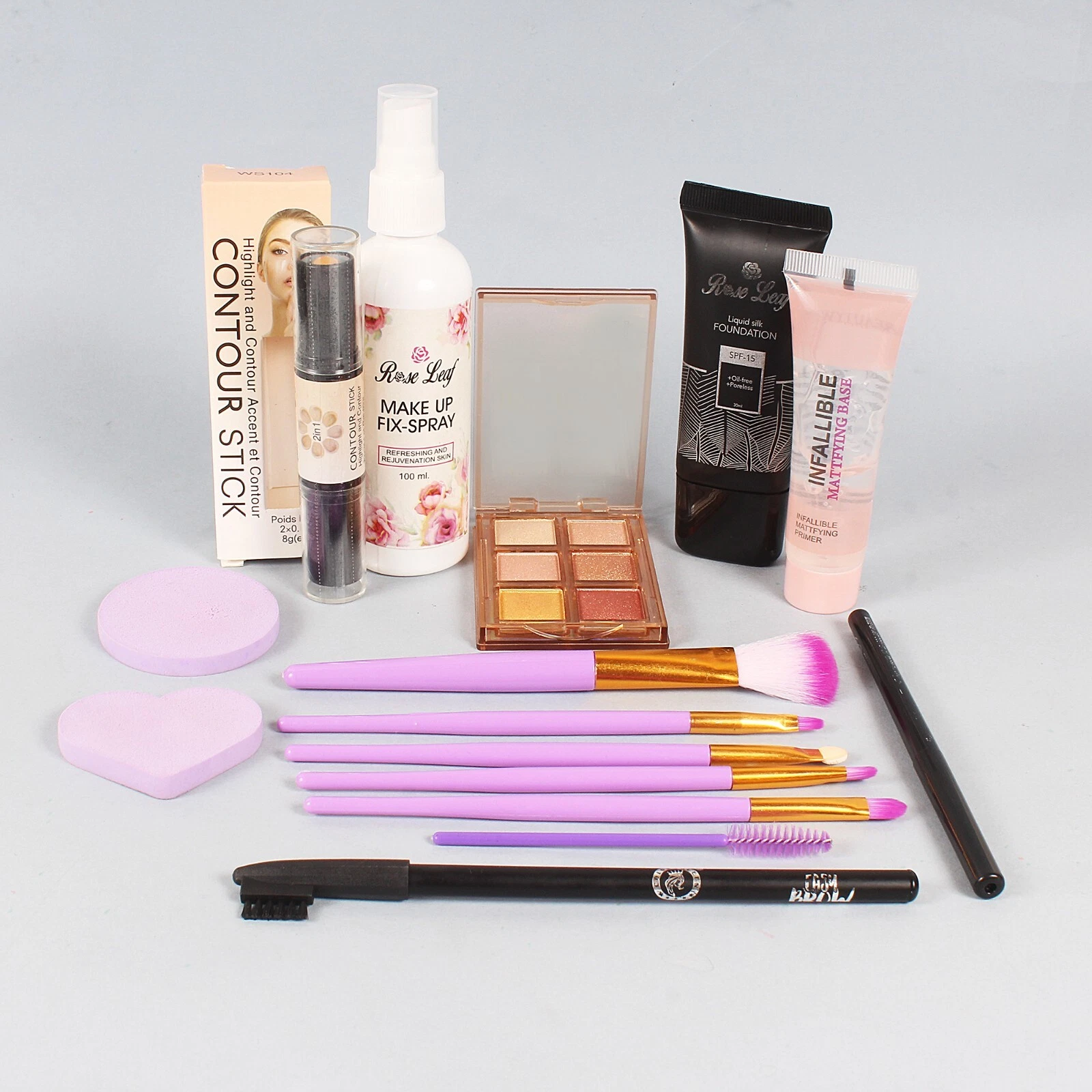 Contour Stick, Makeup Fixer, Eyeshadow , Foundation, Primer, Brush Set, Kajal