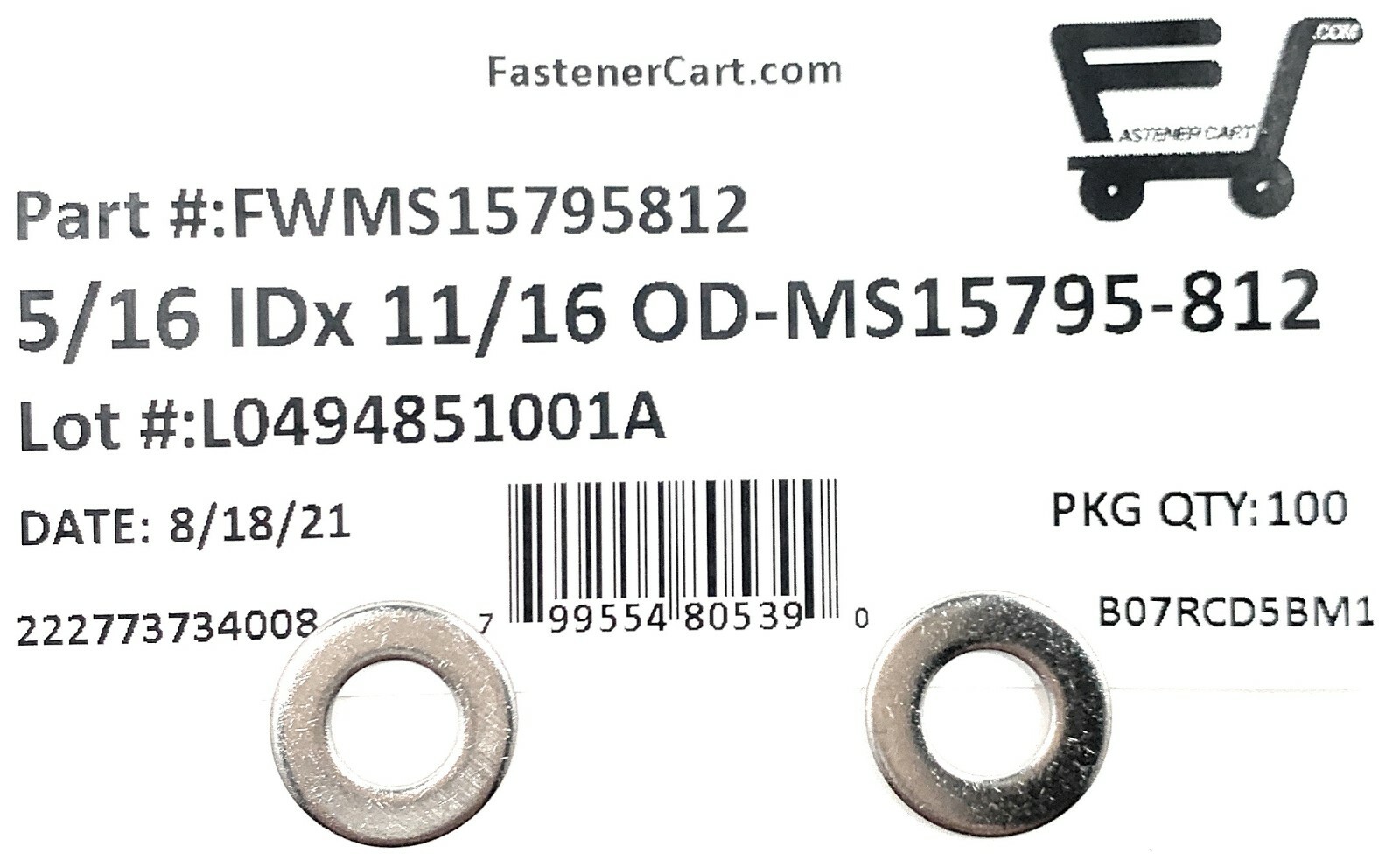 (100) 5/16" ID x 11/16 OD MS15795812 MilSpec Washers Stainless Steel