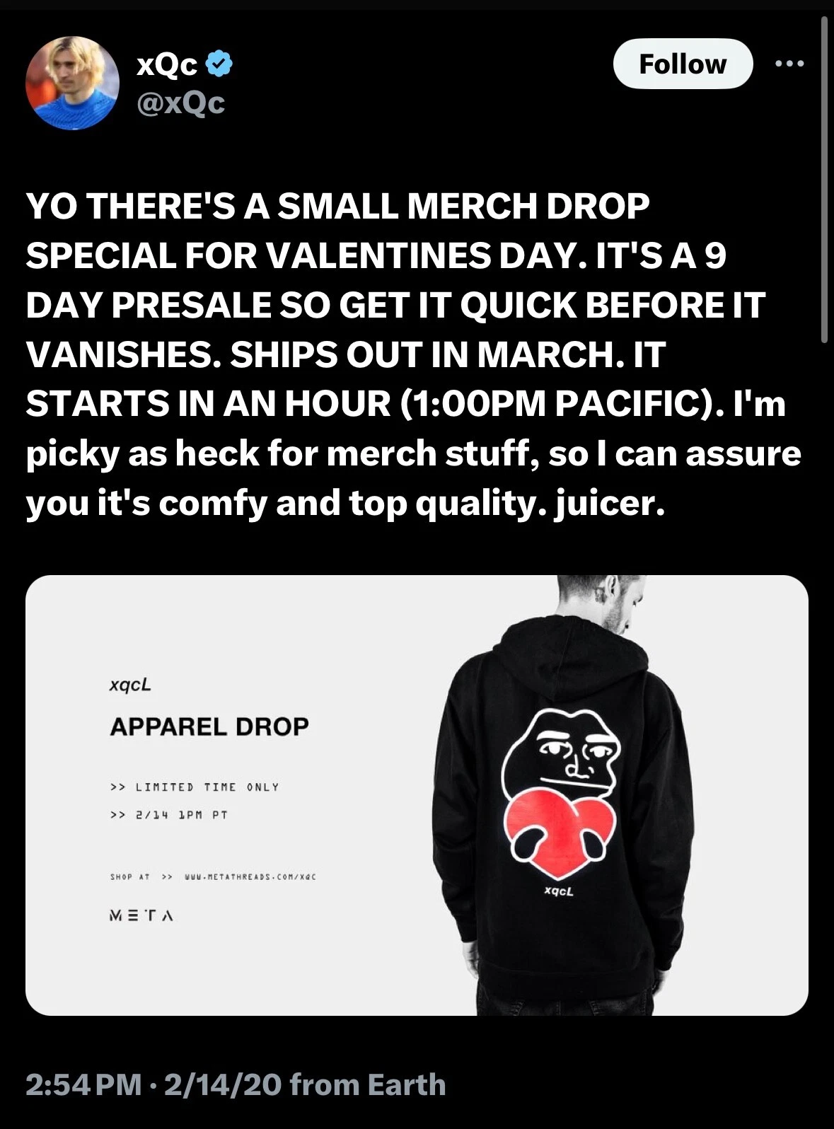 Felpa con cappuccio xQc Merch (edizione San Valentino 2020) taglia small