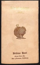 Bellevue Hotel San Francisco 1917 Thanksgiving Day Menu - Very Scarce