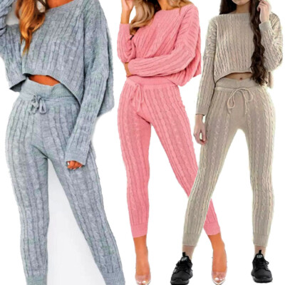 CABLE KNIT KNITTED SUIT SET CO-ORD CROP JUMPER SLOUCH FIT HIGH WAIST  LEGGINGS