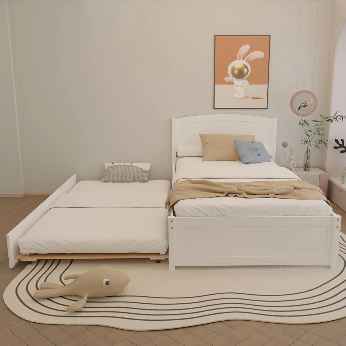 Trundle Bed Twin Solid Wood Bed Frames with Headboard and Wooden