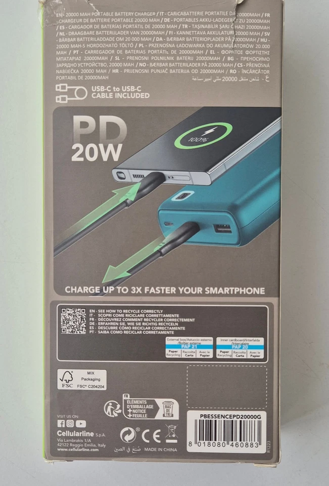 CellularLine Power Bank ESSENCE 20000 mAh Turbo Power USB-C 20W in confezione originale - Immagine 3 di 4