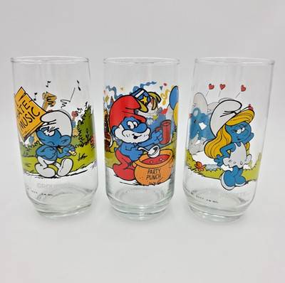 Smurf Glasses Set 1993 Vtg. Set of 3 Papa, Smurfette, Grouchy Smurf Bright Color