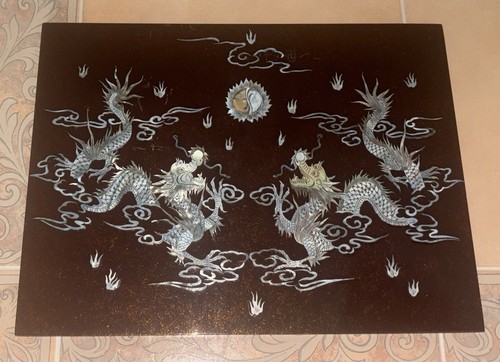 Two Dragons Playing With Pearl Vietnamese Lacquerwear Mother Of Pearl Art 12x16