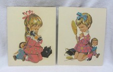 2 vintage MCM Paint By Number Little Girls w/ Dolls Phone Mirror Nice Pictures 