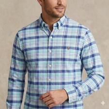 Ralph Lauren Button Down Shirt Mens XL Blue Green Plaid Classic Fit Long Sleeve