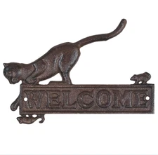 Rustic Cast Iron Welcome Sign with Cat & Mice – Farmhouse Wall Plaque