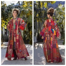 Unbranded Red Boho Patchwork Embroidered Long Open Front Cardigan Robe Kimono