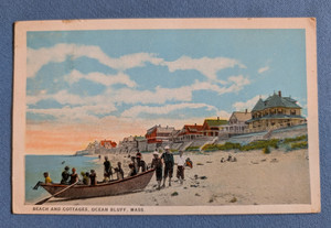 Vtg white border postcard Beach & Cottages OCEAN BLUFF Mass. kids on boat