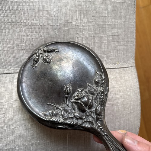Specchio vintage antico argento placcato floreale rosa ornato vanità mano 9,5" - Foto 8 di 10