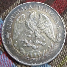 1898 Zs FZ Mexican Peso Coin, .903 Fine Silver Coin, Cap & Rays, Eagle & Snake