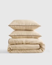 Quince 100 European Linen Piped Duvet Cover Set 2 Shams Oat Espresso King Cal