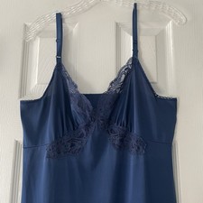 Vintage ShadowLine Blue Full Slip Size 36 Tall Nylon Lace Nightgown Lingerie USA