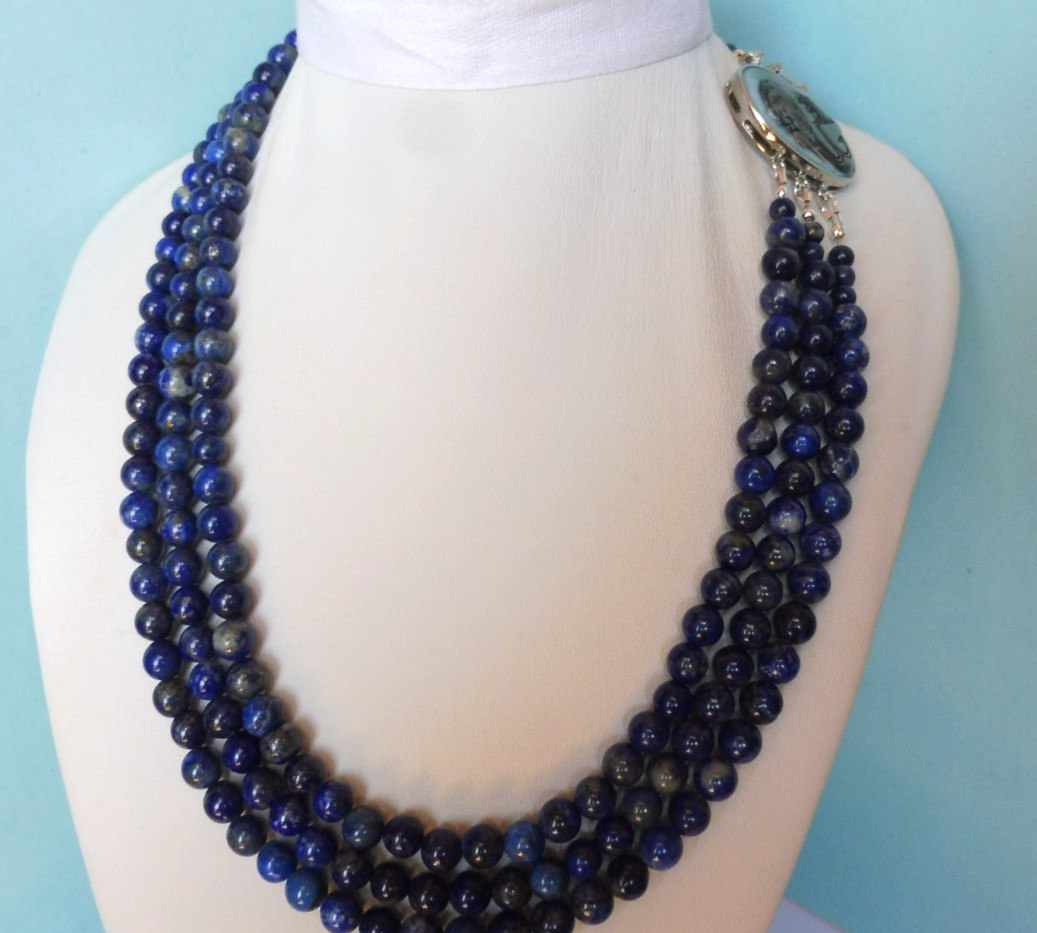 Collier Lapis Lazuli Naturel 3 Rangs 6mm Fermoir Camée : Fini les Bijoux Ternes