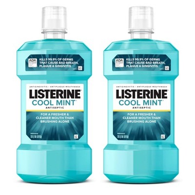 Listerine Cool Mint Antiseptic Mouthwash, Kills 33.81 Fl Oz (Pack of 2), Blue 
