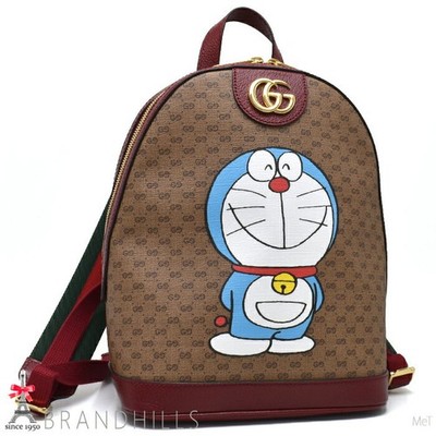 Gucci GG Supreme Doraemon Backpack PVC Canvas Leather Beige Cherry Red 647816
