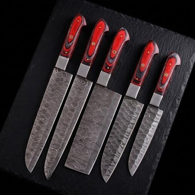 Full Tang Damascus Camp Kitchen Chef Knife Set 5Pc Pakkawood  with Suede Roll