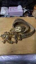 B.B. Simon Patent Platinum Gold Skull Rhinestone Leather Belt Size 15