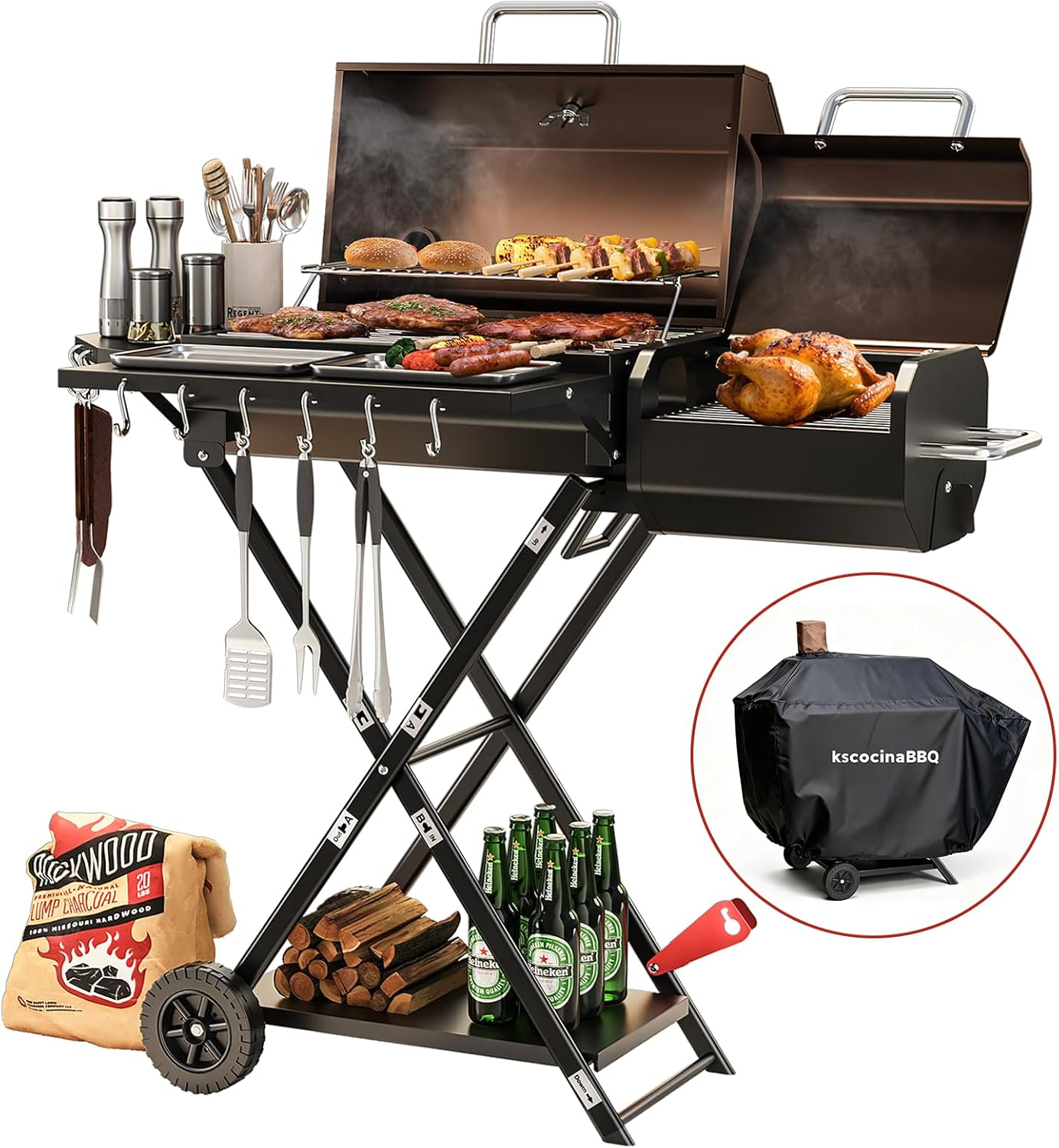 Portable Charcoal Grill Foldable Suitcase Design Wheels