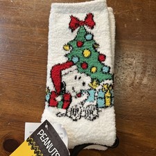 Peanuts Snoopy Holiday Christmas Lights Adult Fuzzy Gripper Slipper Socks OSFM